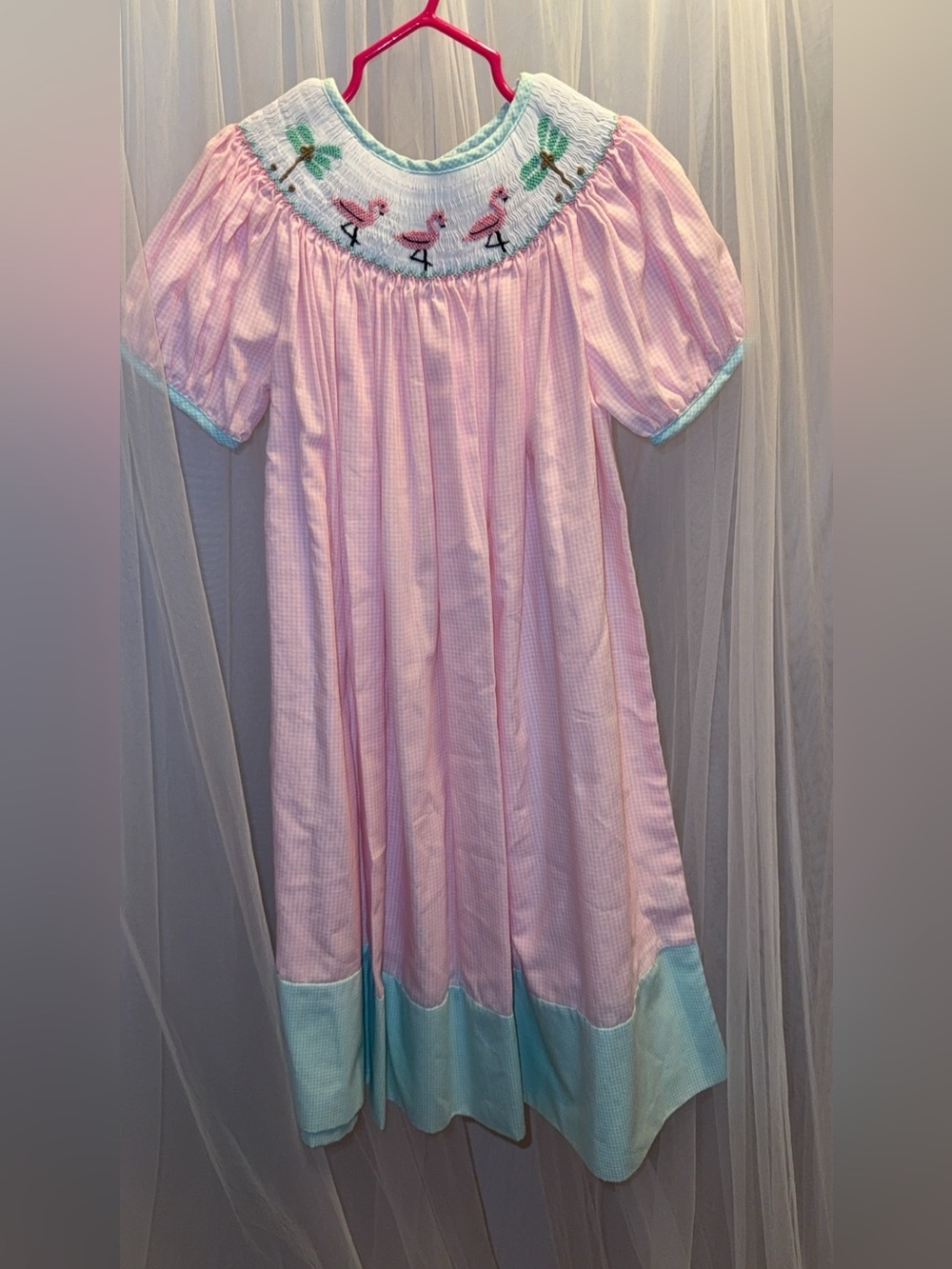 Girls' Pink Flamingo Smocked dress with Mint Trim Sz. 6